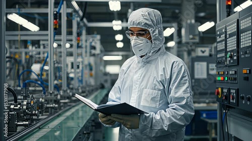 Man in clean room suit checking information in notebook at scientific manufacturing facility, footage.