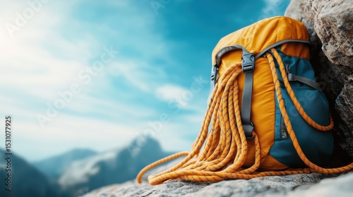 A vibrant backpack strapped with climbing ropes rests against rugged rocks, symbolizing adventure, exploration, and the thrill of the great outdoors.