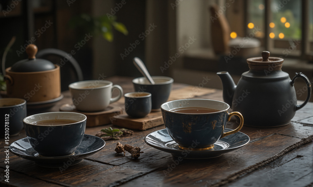 Coffee and tea table setting with cups mugs and teapots Coffee and tea table setting with cups mugs and teapots