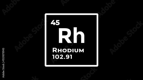 Rhodium, chemical element of the periodic table graphic animation. Alpha channel. Transparent background motion design. 4K resolution