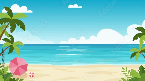 Summer day beach scene illustration with palm trees and calm ocean water