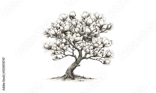 Magnolia Tree Illustrations, vector illustration, floral design, spring blossom art, nature drawing, botanical artwork, garden theme, tropical plants, ornamental trees, artistic flora.