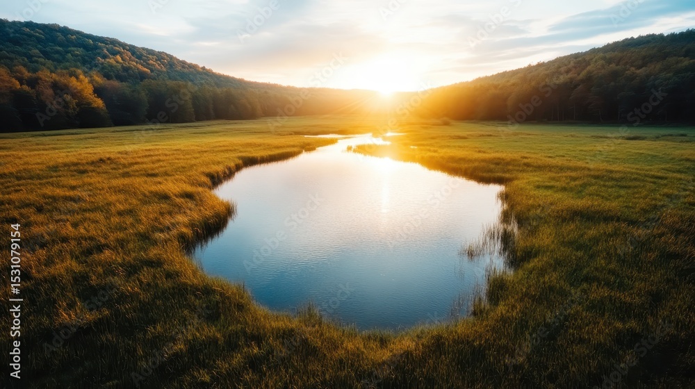 Obraz premium A stunning landscape view showcasing a tranquil lake reflecting the golden hues of sunset, surrounded by grassy meadows and distant hills, embodying natural beauty and peace.