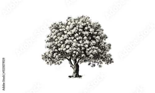 Vector illustration, Magnolia Tree artwork, botanical drawing, flower branch design, garden scenery, natural elements, spring bloom, ornamental plants, eco style, floral composition.