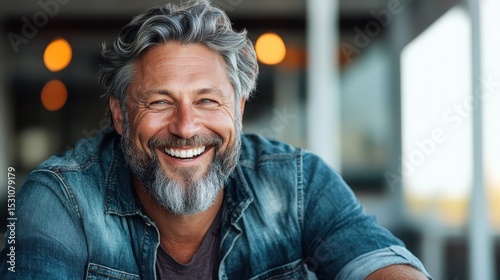 A joyful older man with grey hair and beard in a denim shirt, exuding a relaxed vibe while smiling, representing happiness, warmth, and the beauty of character in everyday life.