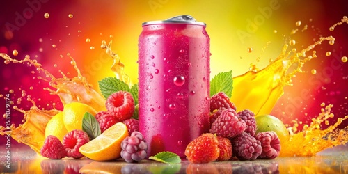 Refreshing Pink Beverage Can Surrounded by a Splash of Citrus and Berry Juices, Featuring Vibrant Raspberries, Lemons, and Limes