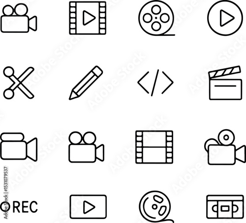 Video Production And Editing Line Icons- Film, Camera And Digital Media Tools.