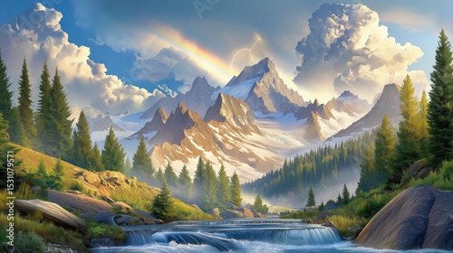 Dramatic summer landscape with mountains, forests, and rainbow under a vibrant sky