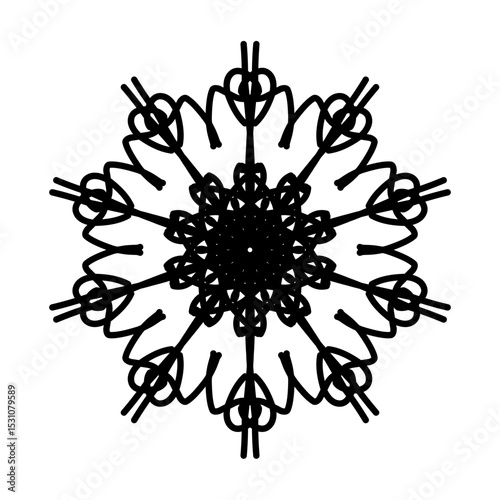 Intricate Black Snowflake Mandala on white Backdrop