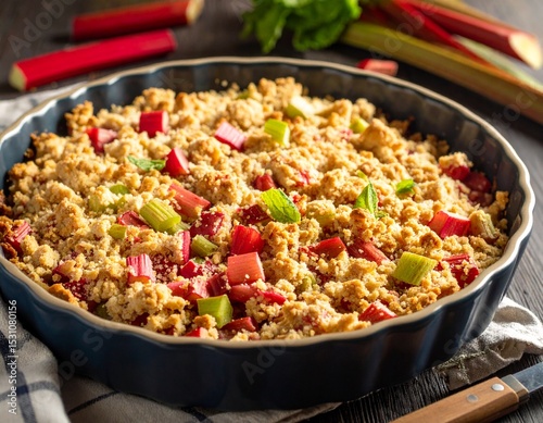 Crumble à la rhubarbe dans un plat posé sur une table de cuisine. Generated image