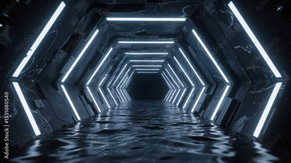 Obraz premium Dark corridor with blue lights on sides and water in center