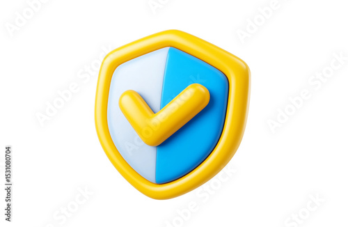 Protection shield icon, checkmark on shield symbol, safety concept. 3d render illustration transparency background