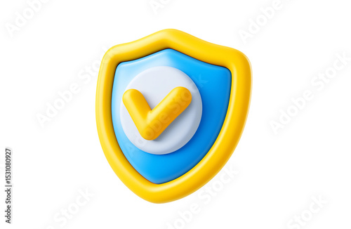 Protection shield icon, checkmark on shield symbol, safety concept. 3d render illustration transparency background