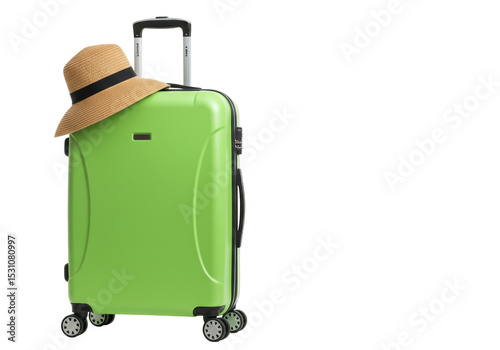 Isolated Green Suitcase with Straw Hat for Summer Vacation