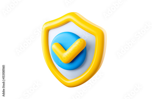 Protection shield icon, checkmark on shield symbol, safety concept. 3d render illustration transparency background