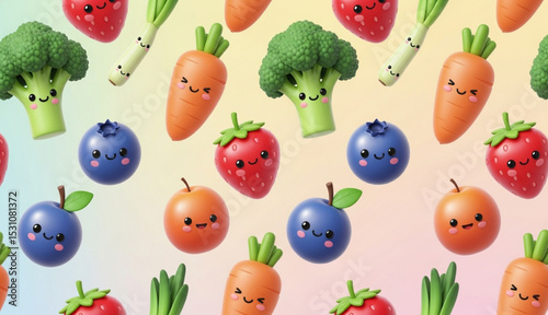 Cute Kawaii Fruits and Vegetables Seamless Pattern | Playful Food Background for Kids Products, Healthy Eating Promotion, and Creative Designs