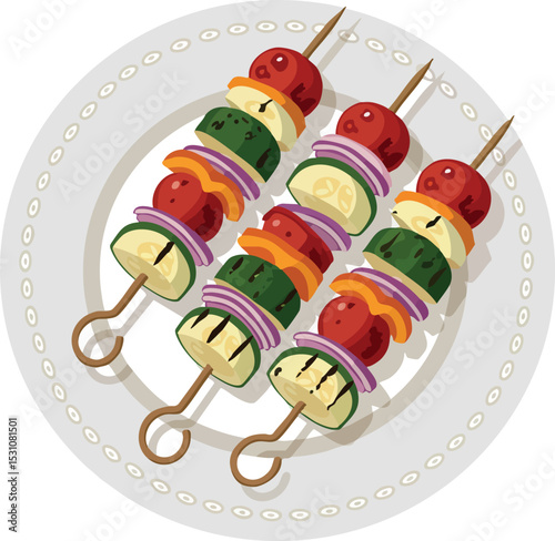 Vegetable skewers with cherry tomatoes zucchini and onion on plate vector illustration 