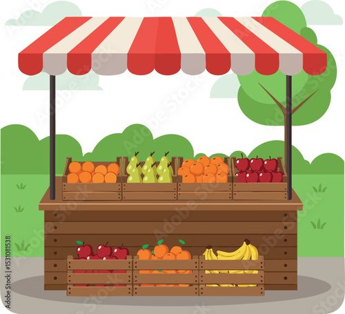 Outdoor fruit stand with red and white striped canopy selling fresh colorful fruits vector illustration 