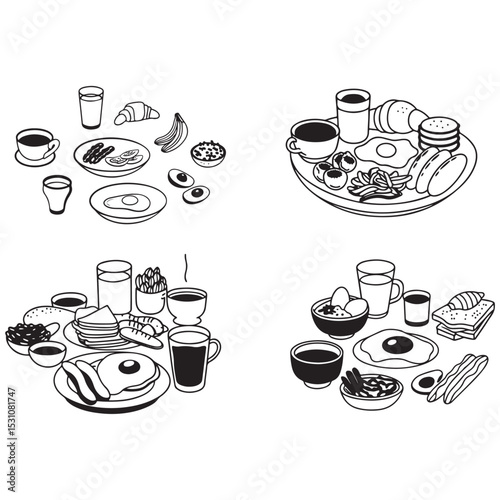 Hand drawn breakfast illustration with coffee, fried egg, croissant, milk, cereal, bacons, sausages, citrus juice, avocado, tomato, 
pancakes.