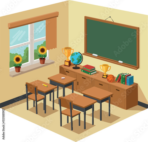 Classroom interior with desks chairs chalkboard trophies and window sunflowers vector illustration 