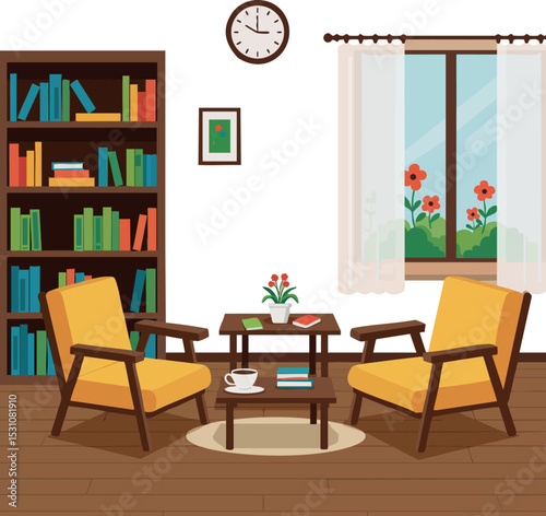 Cozy living room interior with yellow armchairs wooden bookshelves and window scene vector illustration 