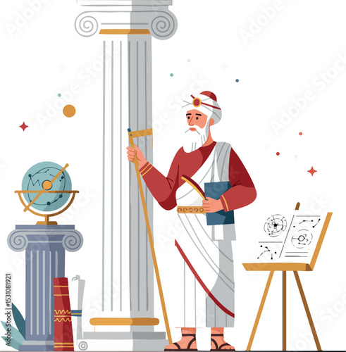 Ancient Greek Philosopher with Column and Globe in Classical Study Illustration 