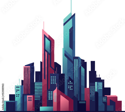 Futuristic city skyline with tall skyscrapers in blue and red modern architecture vector illustration 