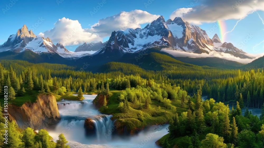 Obraz premium Dramatic summer landscape with majestic mountains, lush forests, waterfalls and a vibrant rainbow under clear skies