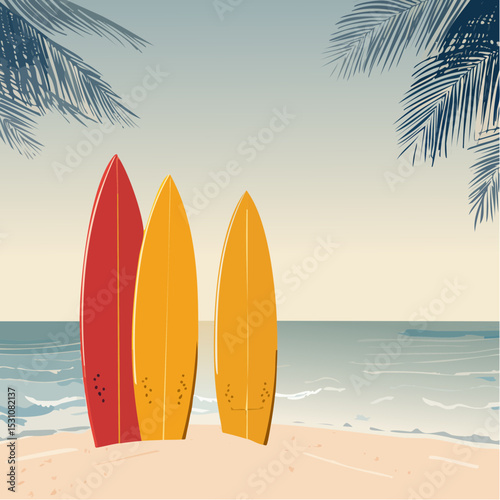 Sunset Surfboards on Tropical Beach Idyllic Coastal Scene