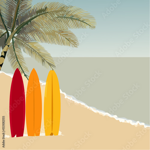 Tropical Beach Scene Surfboards, Palm Tree, and Ocean Waves