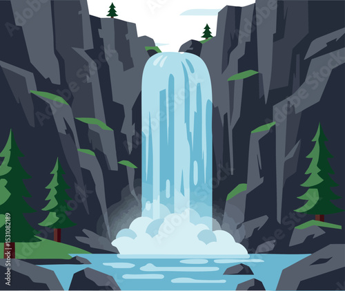 Waterfall flowing through rocky canyon with pine trees natural landscape vector illustration 