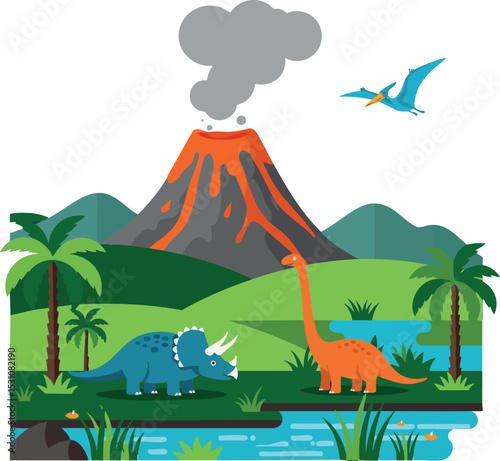 Volcano erupting with triceratops brachiosaurus and pterodactyl dinosaur landscape scene vector illustration 