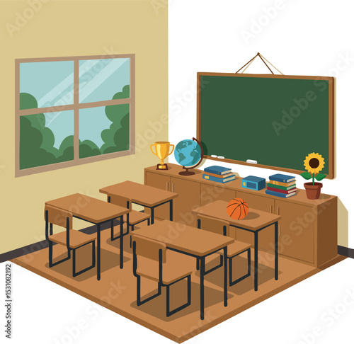 Classroom interior with desks window globe books basketball and sunflower vector illustration 