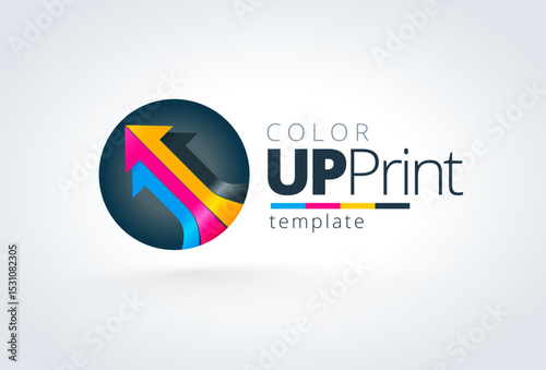 Printing Theme Logo. Cmyk Arrows Actoins ink. Template design vector. White background