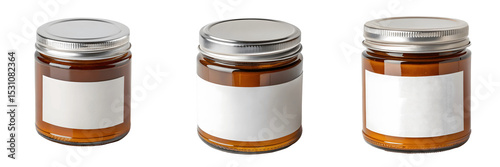 A Set for Three amber glass jars with silver lids, isolated on white