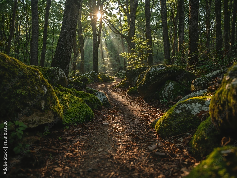 Obraz premium Woodland Path with Mossy Rocks and Dappled Sunlight