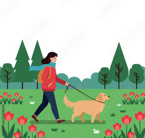 Woman walking golden retriever dog in spring park surrounded by red tulips and green trees vector illustration 