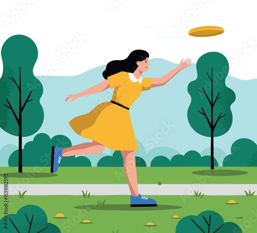 Woman playing frisbee outdoors in yellow dress with blue shoes and green trees background 