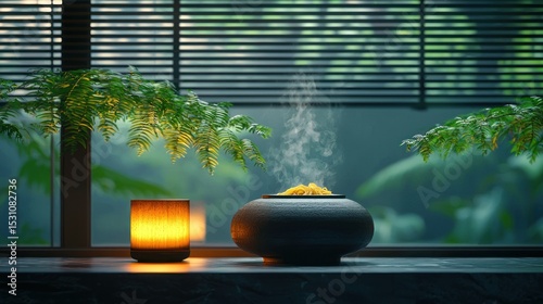 A tranquil scene with warm lighting and aromatic incense