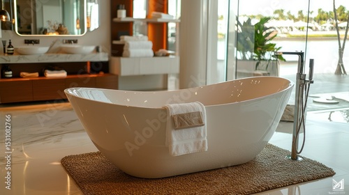 Modern luxury bathtub in a spacious bathroom with water views