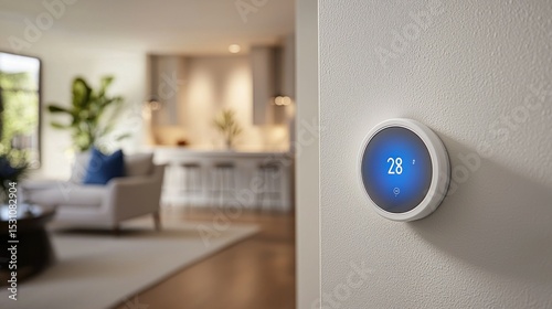 Smart thermostat displaying temperature in a modern home