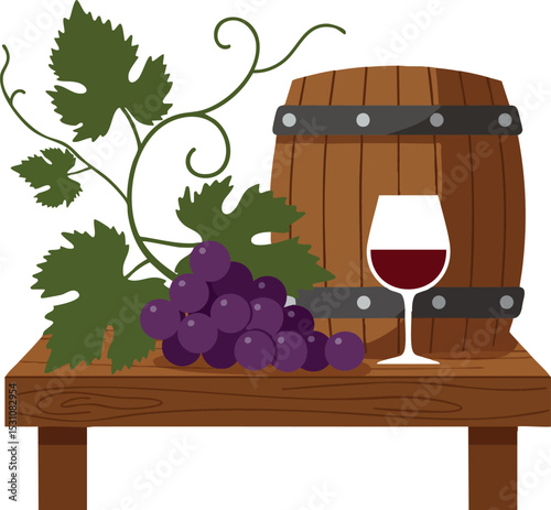 Wine barrel with glass and purple grapes on wooden table vector illustration