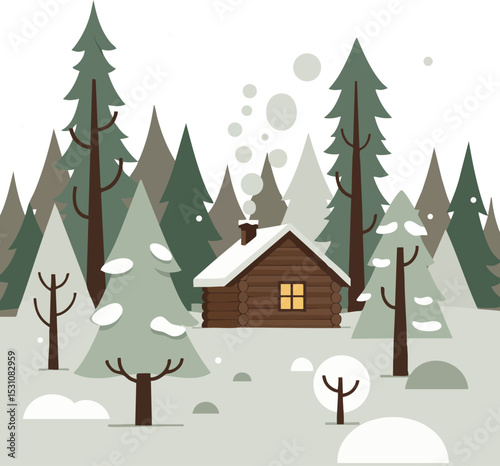 Winter cabin surrounded by snow covered pine and fir trees in forest landscape vector illustration 