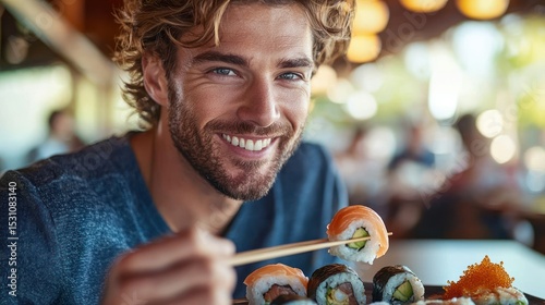 Man enjoying sushi at restaurant