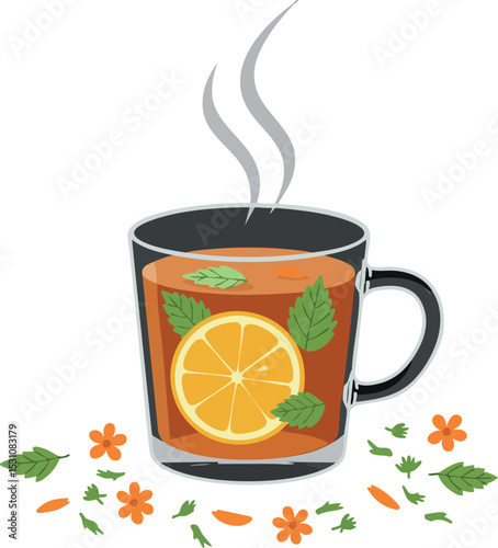 Hot tea with lemon slice and mint leaves in clear cup with orange flowers vector illustration 
