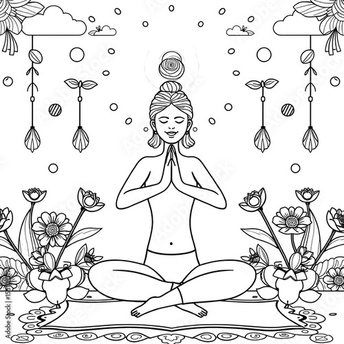  Woman Meditating Amidst Ornate Floral and Mandala Elements for Coloring