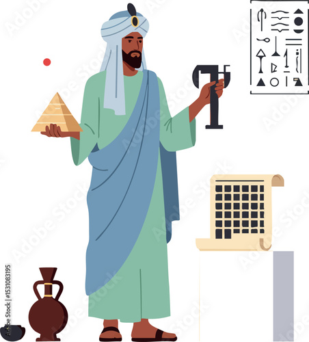 Ancient Egyptian scholar holding pyramid and cup with hieroglyphs and scroll illustration 