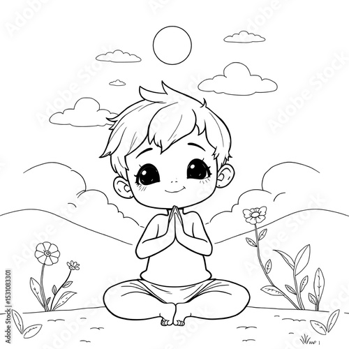 Adorable Cartoon Child Meditating Outdoors - Yoga Day Coloring Page