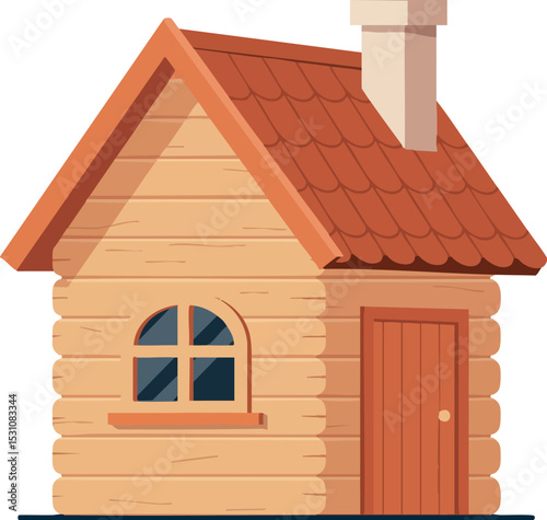 Wooden house with red roof and chimney vector illustration in flat style 