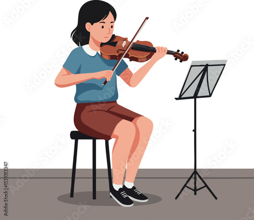Young woman playing violin sitting on stool with music stand and sheet music vector illustration 